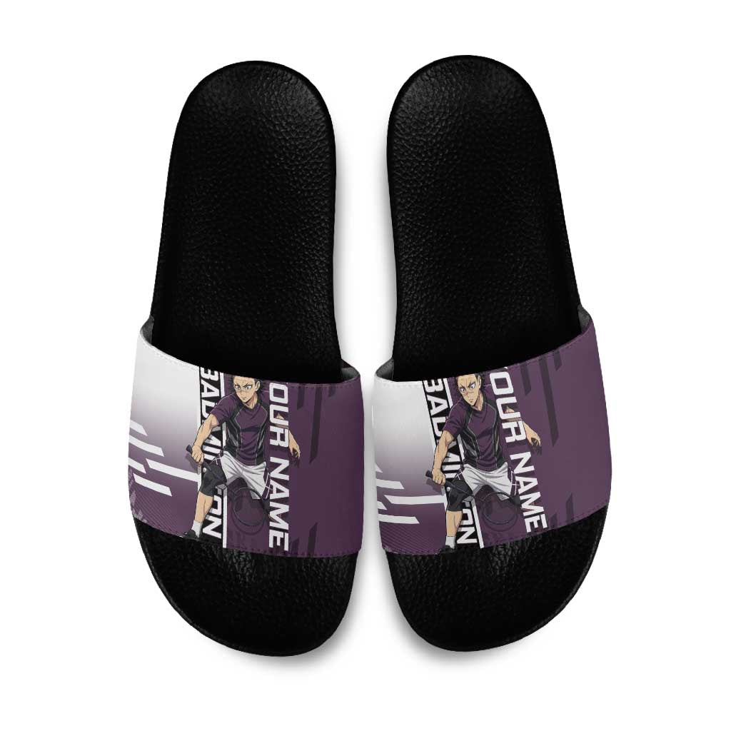 Personalized Shinazugawa Genya Demon Slayer Badminton Slide Sandals with Racket Action Pose and Purple Black Graphic Design - The Mazicc