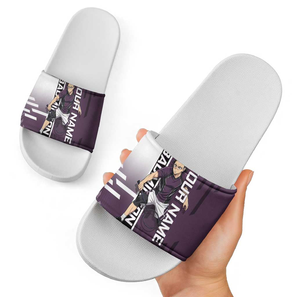 Personalized Shinazugawa Genya Demon Slayer Badminton Slide Sandals with Racket Action Pose and Purple Black Graphic Design - The Mazicc