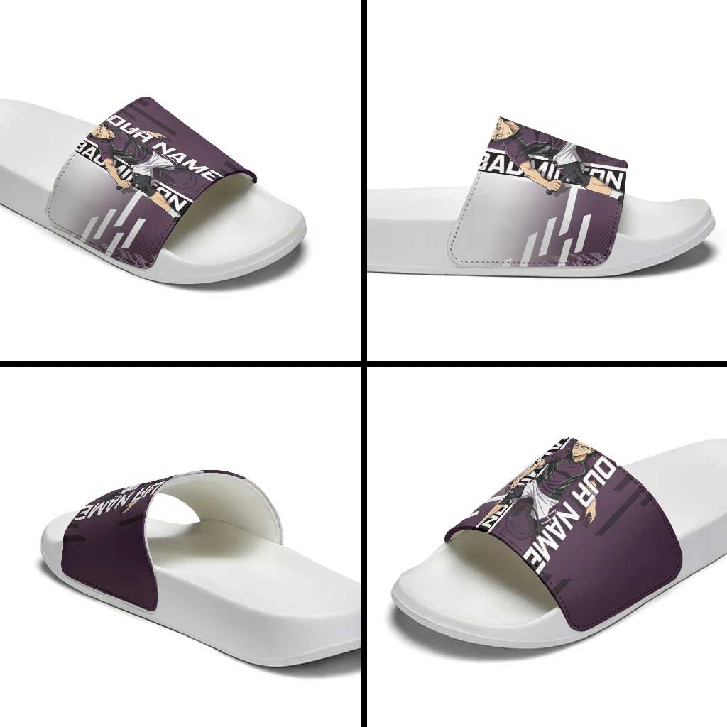 Personalized Shinazugawa Genya Demon Slayer Badminton Slide Sandals with Racket Action Pose and Purple Black Graphic Design - The Mazicc