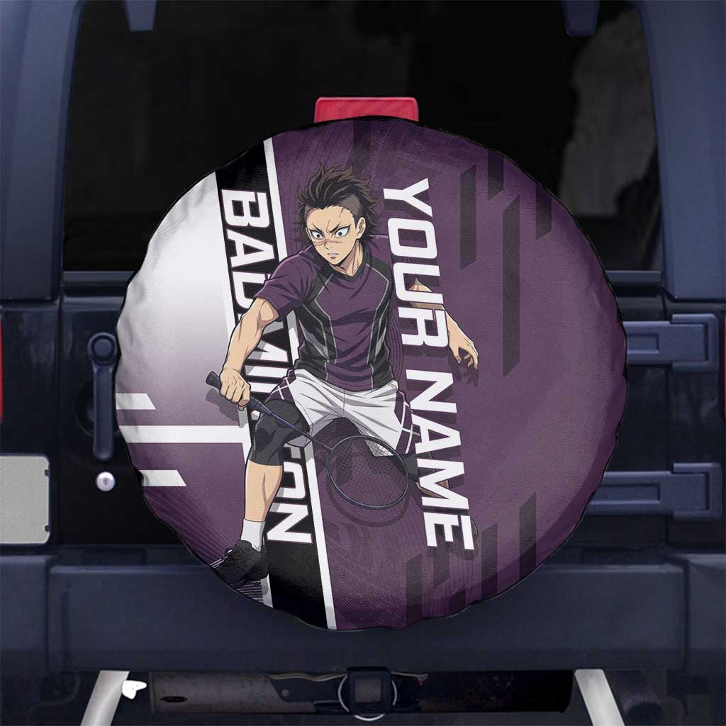 Personalized Shinazugawa Genya Demon Slayer Badminton Spare Tire Cover with Racket Action Pose and Purple Black Graphic Design - The Mazicc
