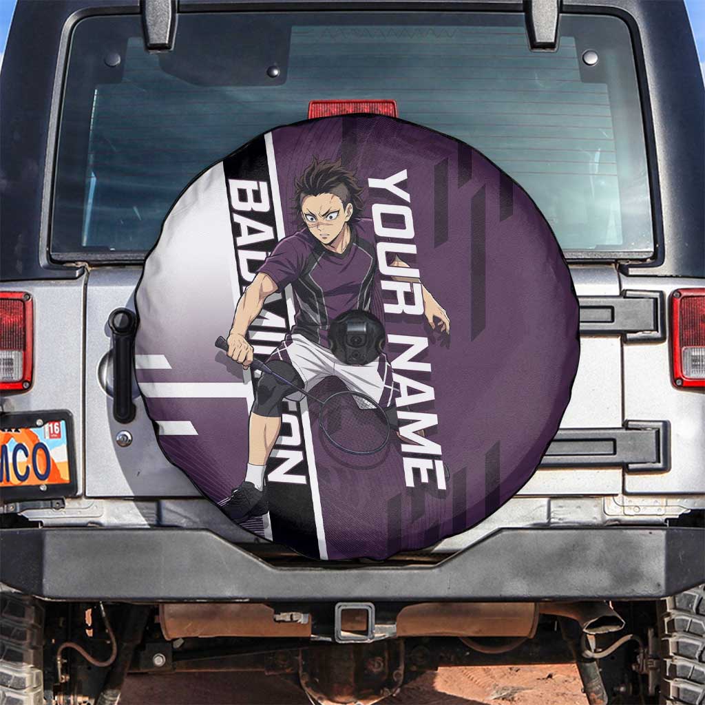 Personalized Shinazugawa Genya Demon Slayer Badminton Spare Tire Cover with Racket Action Pose and Purple Black Graphic Design - The Mazicc