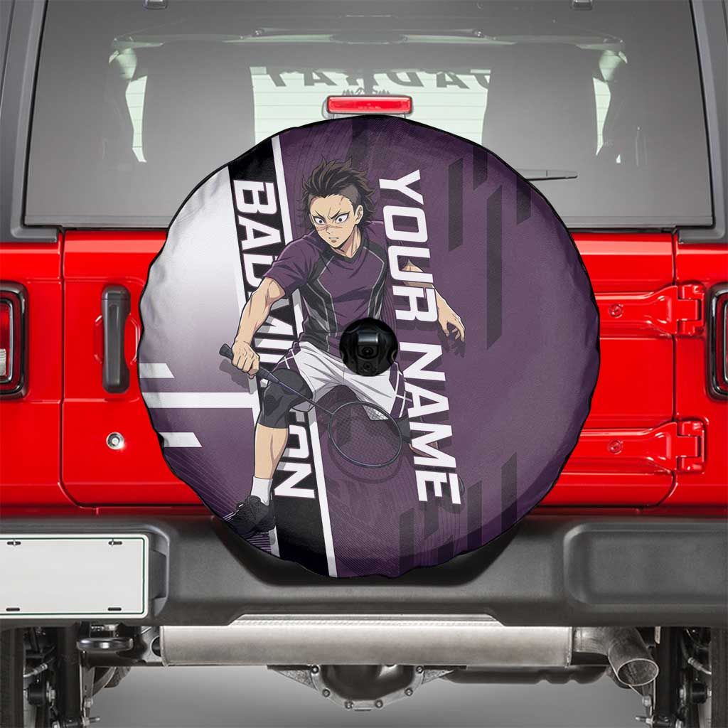 Personalized Shinazugawa Genya Demon Slayer Badminton Spare Tire Cover with Racket Action Pose and Purple Black Graphic Design - The Mazicc