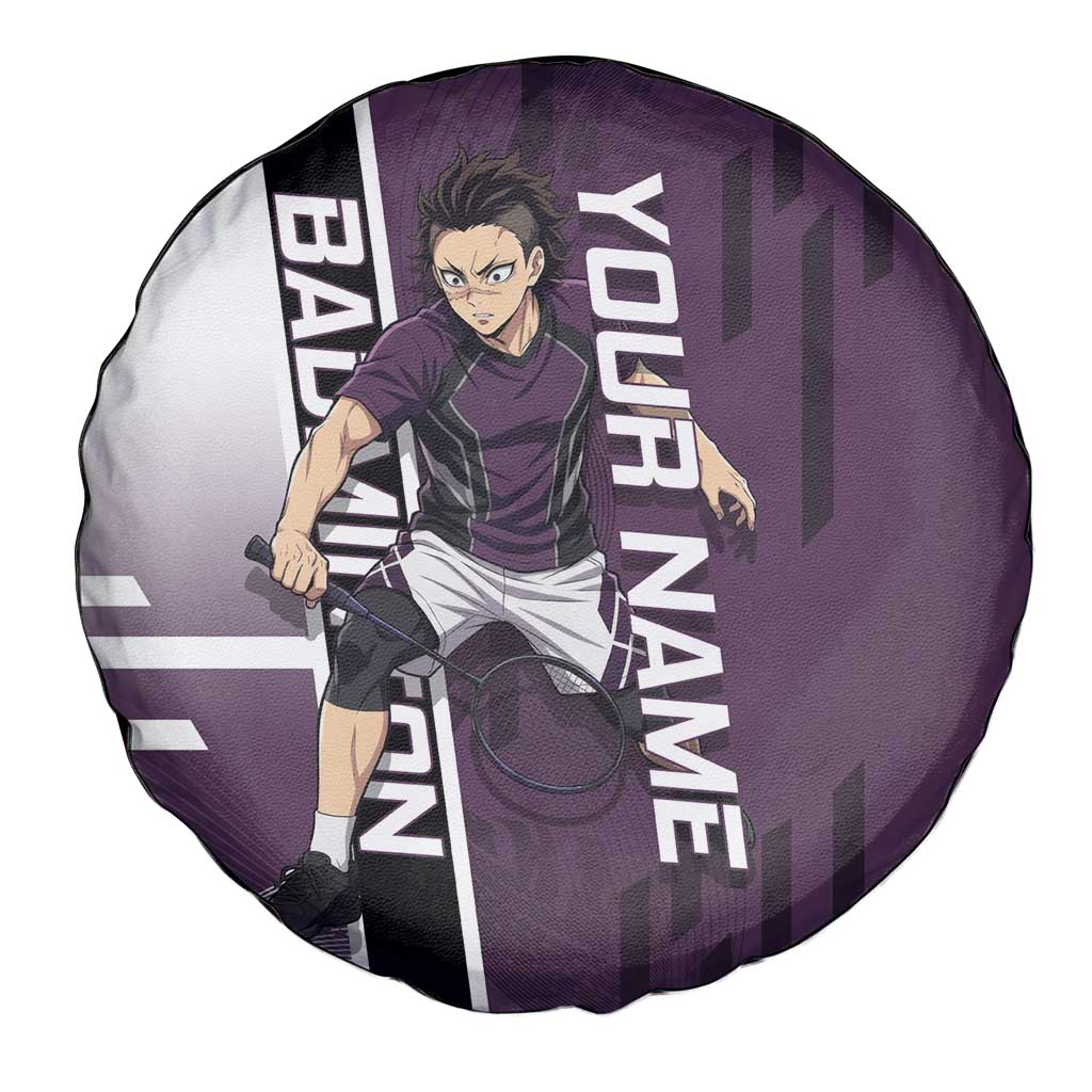 Personalized Shinazugawa Genya Demon Slayer Badminton Spare Tire Cover with Racket Action Pose and Purple Black Graphic Design - The Mazicc