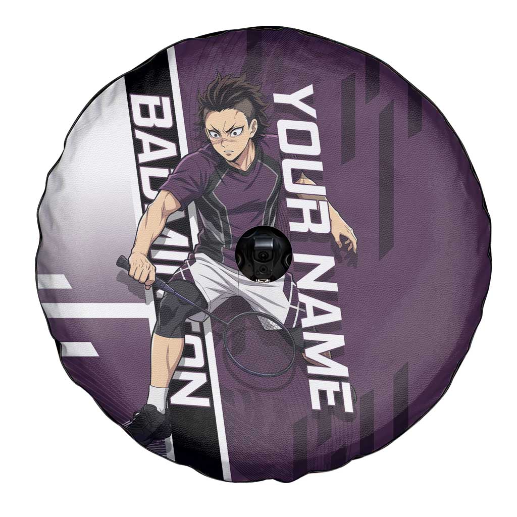 Personalized Shinazugawa Genya Demon Slayer Badminton Spare Tire Cover with Racket Action Pose and Purple Black Graphic Design - The Mazicc