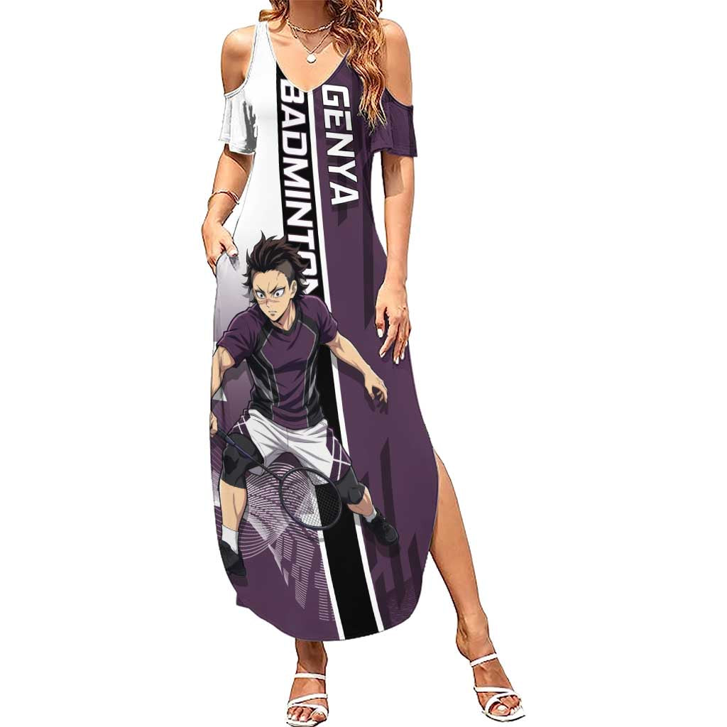 Personalized Shinazugawa Genya Demon Slayer Badminton Summer Maxi Dress with Racket Action Pose and Purple Black Graphic Design - The Mazicc