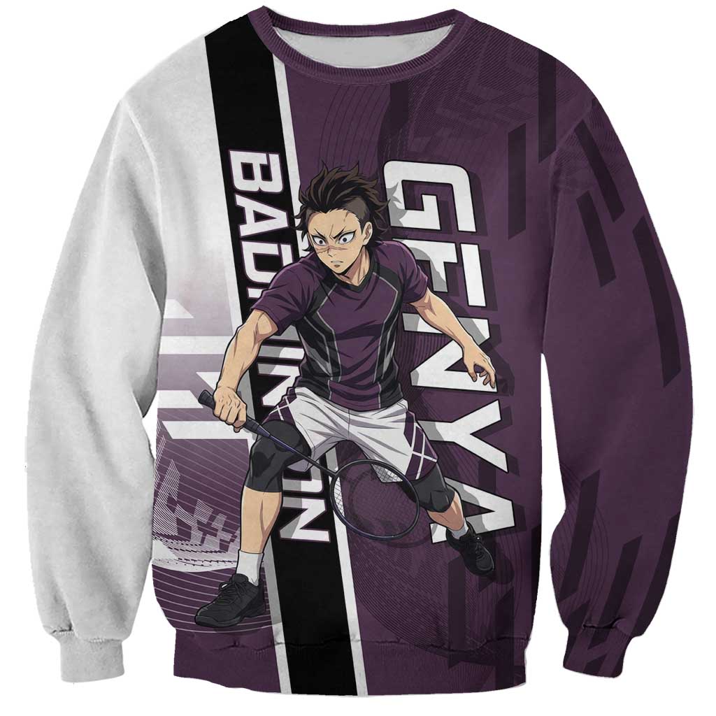 Personalized Shinazugawa Genya Demon Slayer Badminton Sweatshirt with Racket Action Pose and Purple Black Graphic Design - The Mazicc