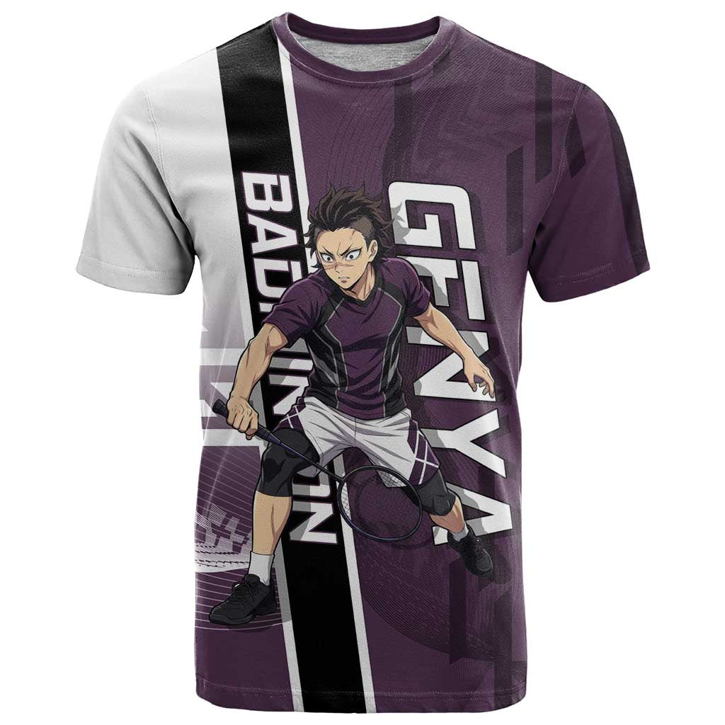 Personalized Shinazugawa Genya Demon Slayer Badminton T Shirt with Racket Action Pose and Purple Black Graphic Design - The Mazicc
