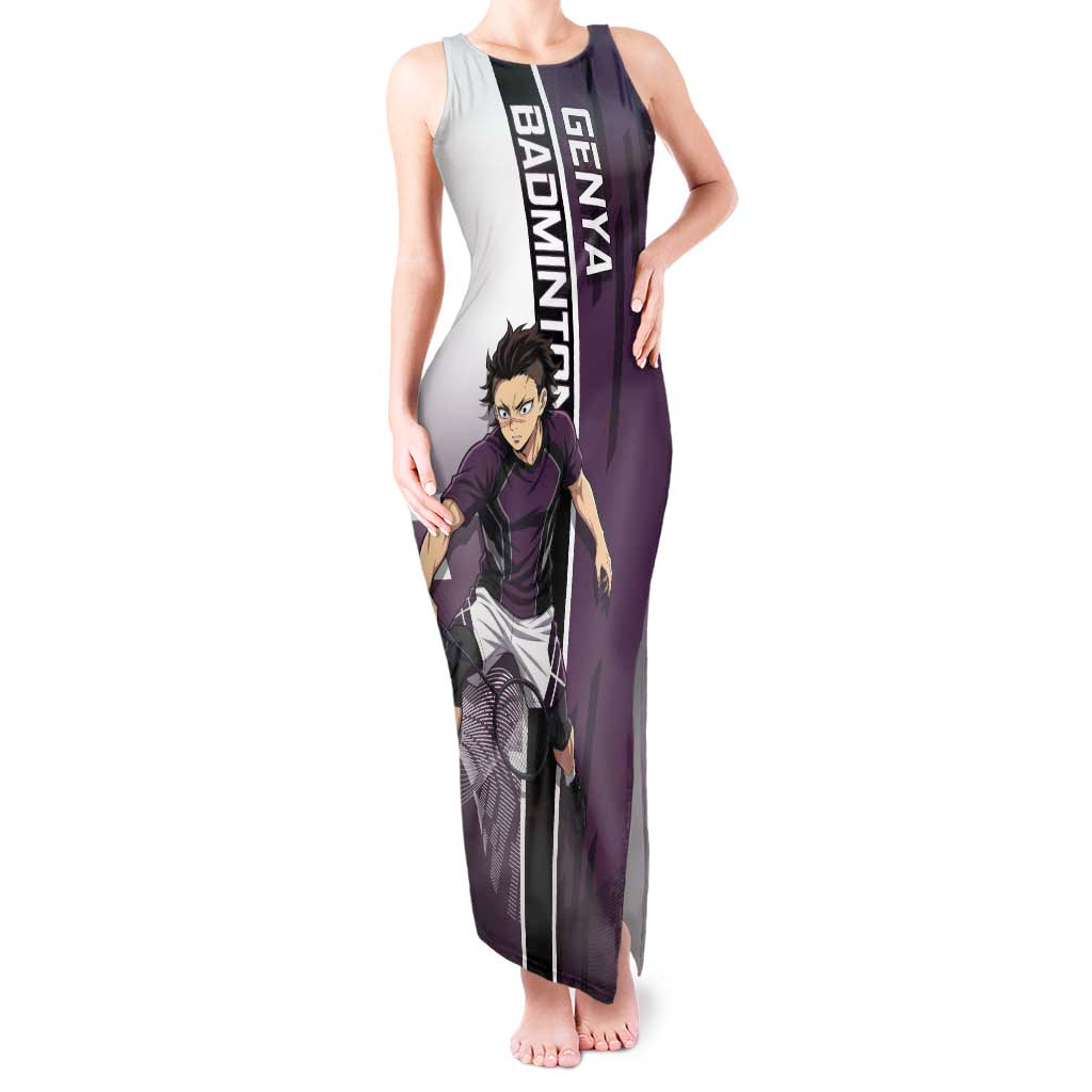 Personalized Shinazugawa Genya Demon Slayer Badminton Tank Maxi Dress with Racket Action Pose and Purple Black Graphic Design - The Mazicc