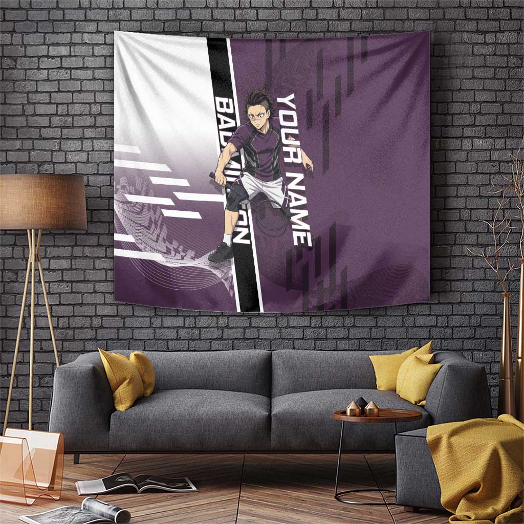 Personalized Shinazugawa Genya Demon Slayer Badminton Tapestry with Racket Action Pose and Purple Black Graphic Design - The Mazicc