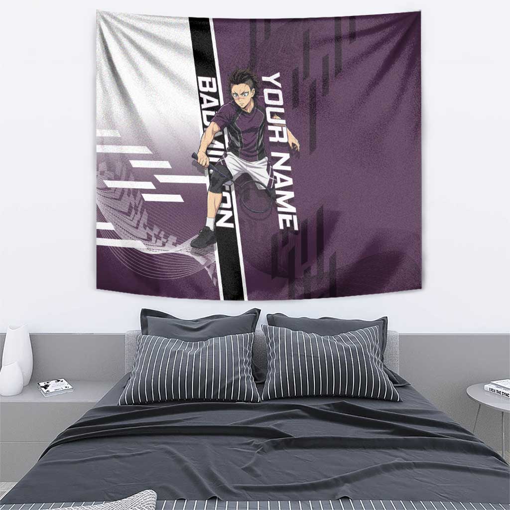 Personalized Shinazugawa Genya Demon Slayer Badminton Tapestry with Racket Action Pose and Purple Black Graphic Design - The Mazicc