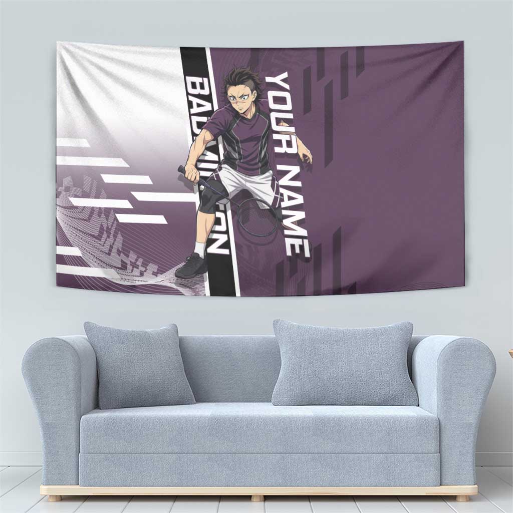 Personalized Shinazugawa Genya Demon Slayer Badminton Tapestry with Racket Action Pose and Purple Black Graphic Design - The Mazicc