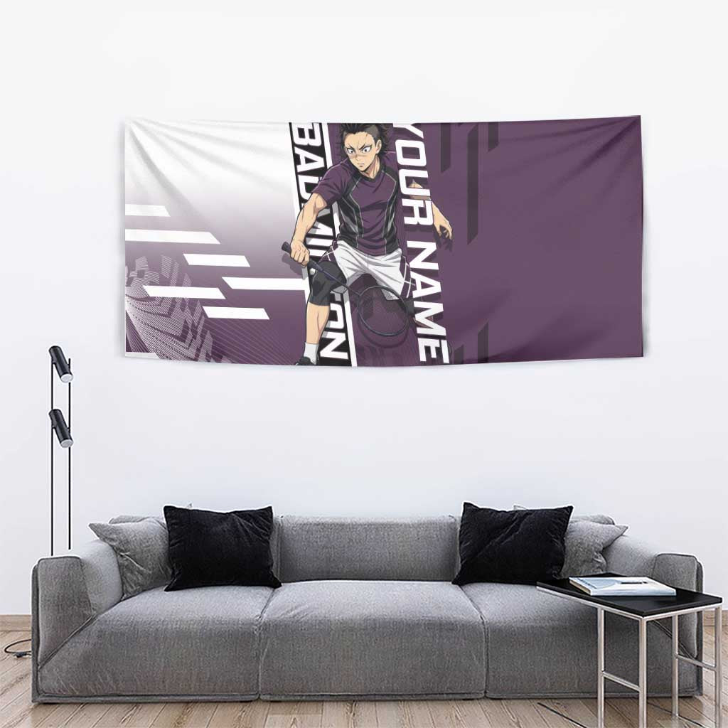 Personalized Shinazugawa Genya Demon Slayer Badminton Tapestry with Racket Action Pose and Purple Black Graphic Design - The Mazicc