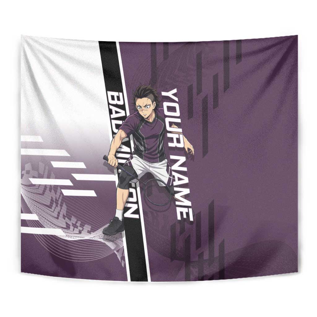Personalized Shinazugawa Genya Demon Slayer Badminton Tapestry with Racket Action Pose and Purple Black Graphic Design - The Mazicc