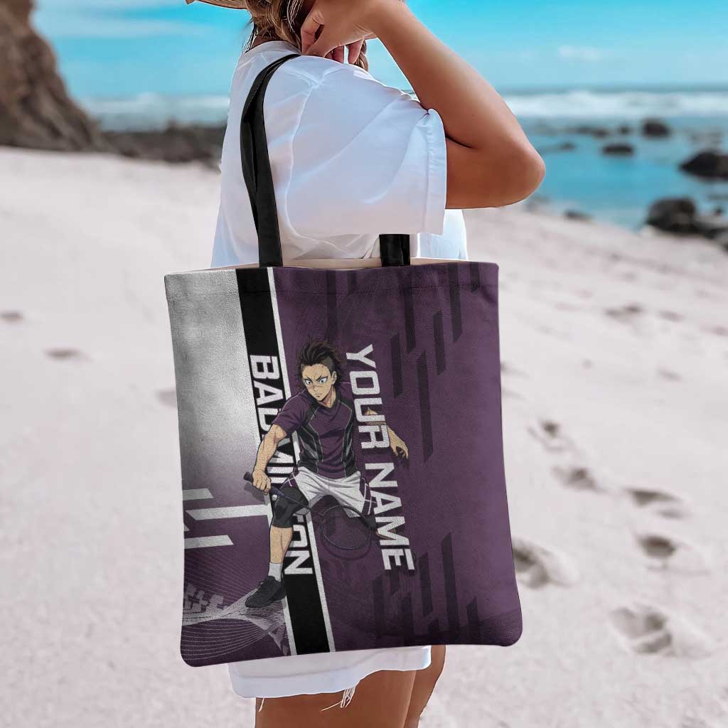 Personalized Shinazugawa Genya Demon Slayer Badminton Tote Bag with Racket Action Pose and Purple Black Graphic Design - The Mazicc