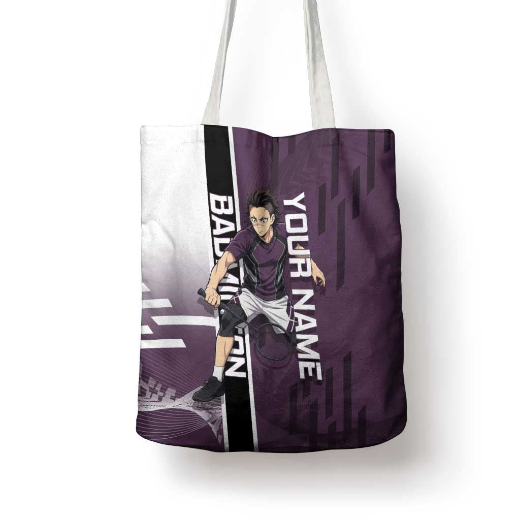 Personalized Shinazugawa Genya Demon Slayer Badminton Tote Bag with Racket Action Pose and Purple Black Graphic Design - The Mazicc