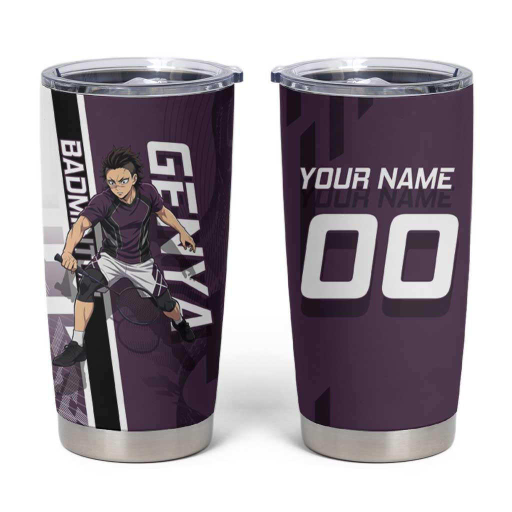 Personalized Shinazugawa Genya Demon Slayer Badminton Tumbler Cup with Racket Action Pose and Purple Black Graphic Design - The Mazicc
