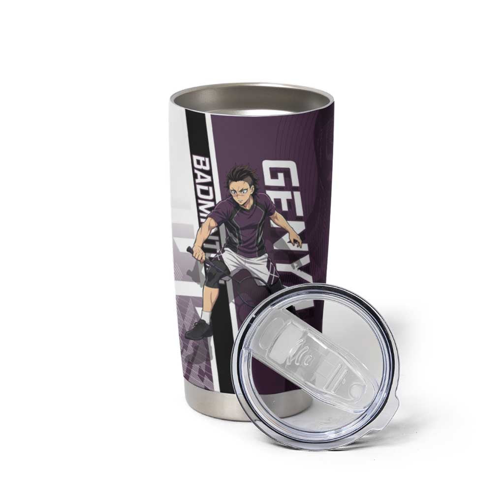 Personalized Shinazugawa Genya Demon Slayer Badminton Tumbler Cup with Racket Action Pose and Purple Black Graphic Design - The Mazicc