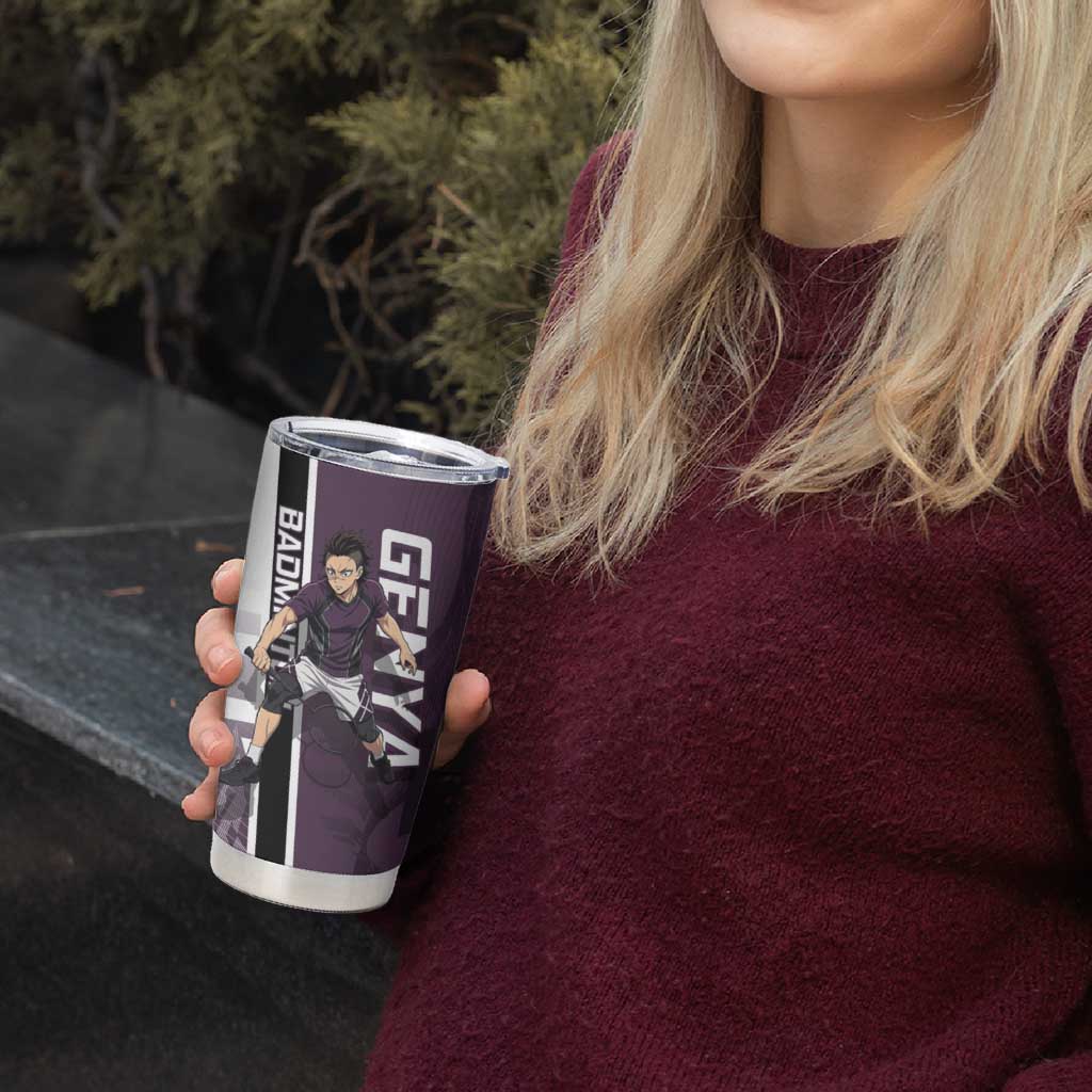 Personalized Shinazugawa Genya Demon Slayer Badminton Tumbler Cup with Racket Action Pose and Purple Black Graphic Design - The Mazicc