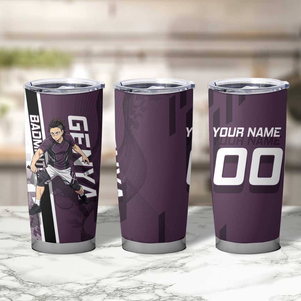 Personalized Shinazugawa Genya Demon Slayer Badminton Tumbler Cup with Racket Action Pose and Purple Black Graphic Design - The Mazicc