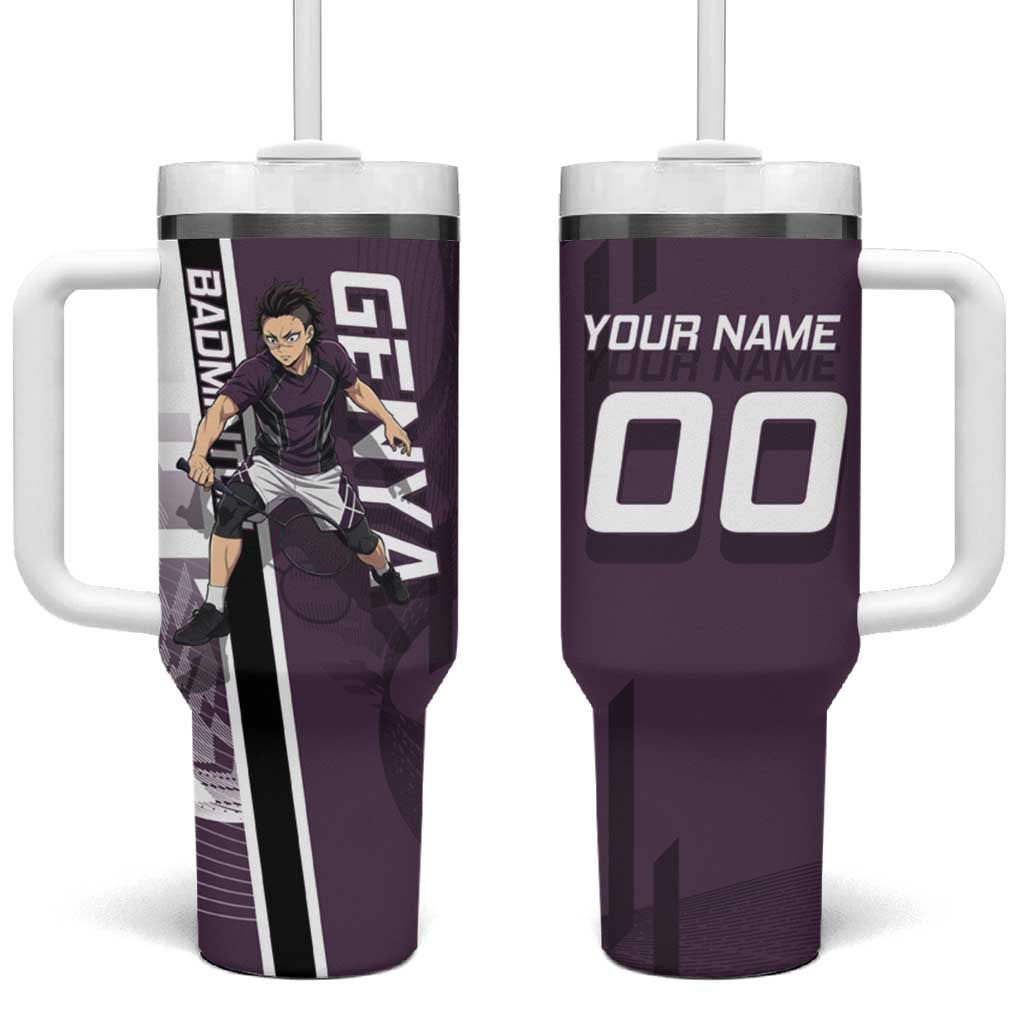 Personalized Shinazugawa Genya Demon Slayer Badminton Tumbler With Handle with Racket Action Pose and Purple Black Graphic Design - The Mazicc