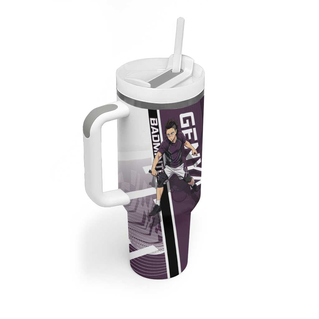 Personalized Shinazugawa Genya Demon Slayer Badminton Tumbler With Handle with Racket Action Pose and Purple Black Graphic Design - The Mazicc