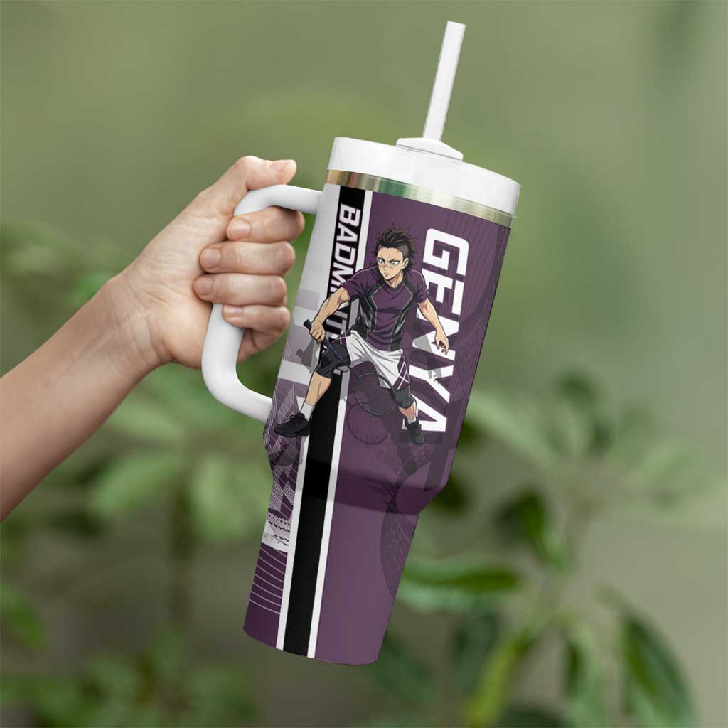 Personalized Shinazugawa Genya Demon Slayer Badminton Tumbler With Handle with Racket Action Pose and Purple Black Graphic Design - The Mazicc