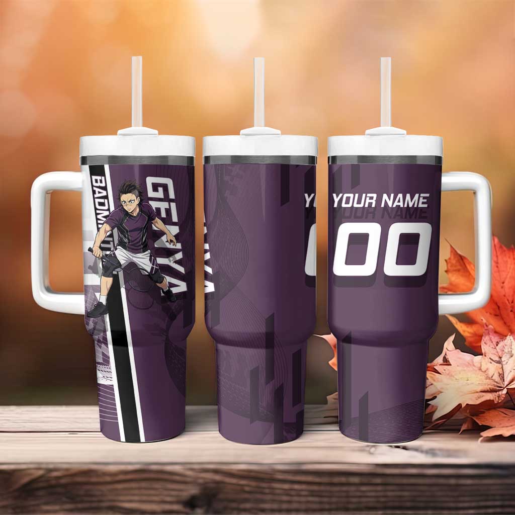 Personalized Shinazugawa Genya Demon Slayer Badminton Tumbler With Handle with Racket Action Pose and Purple Black Graphic Design - The Mazicc