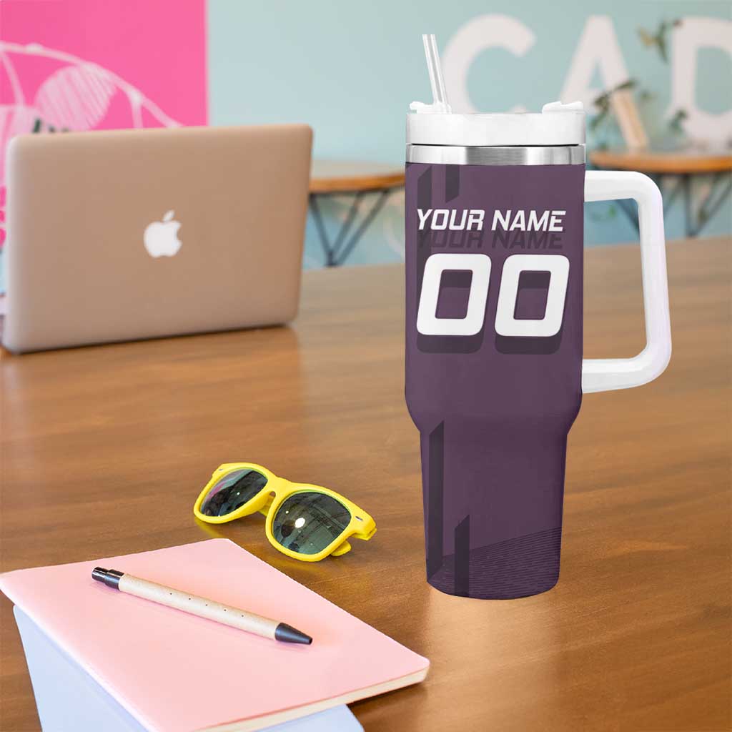 Personalized Shinazugawa Genya Demon Slayer Badminton Tumbler With Handle with Racket Action Pose and Purple Black Graphic Design - The Mazicc