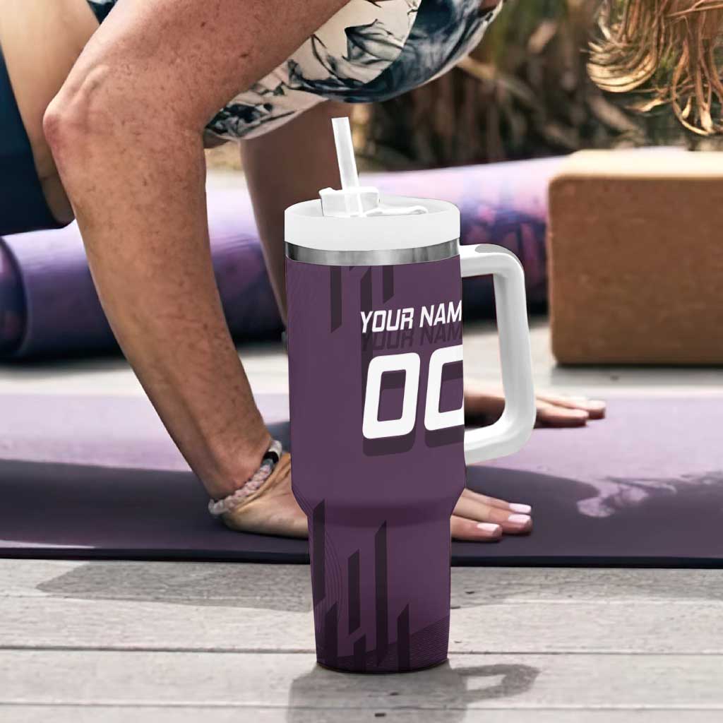 Personalized Shinazugawa Genya Demon Slayer Badminton Tumbler With Handle with Racket Action Pose and Purple Black Graphic Design - The Mazicc