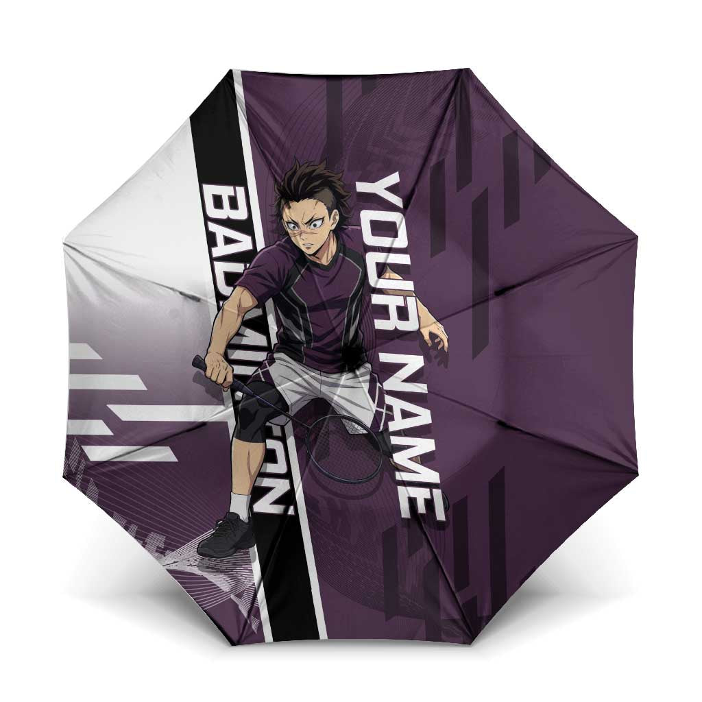 Personalized Shinazugawa Genya Demon Slayer Badminton Umbrella with Racket Action Pose and Purple Black Graphic Design - The Mazicc