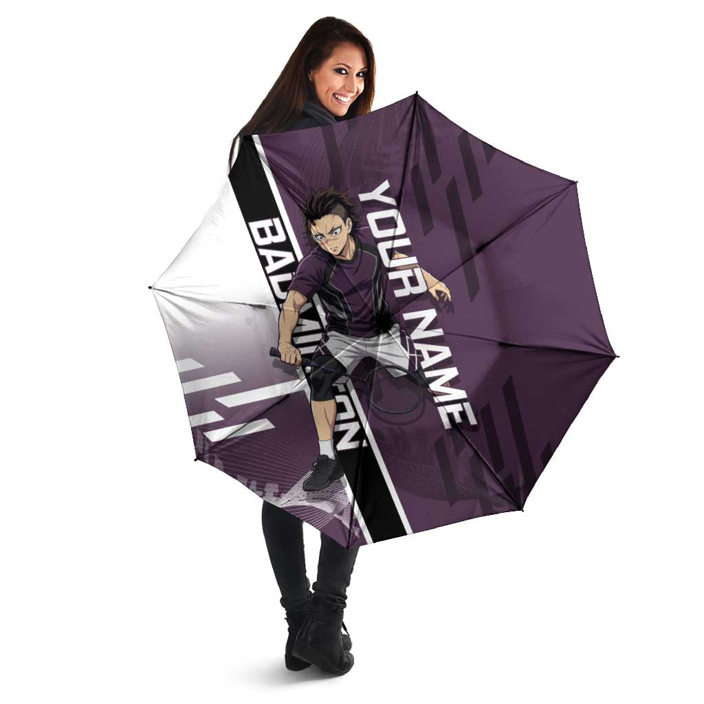Personalized Shinazugawa Genya Demon Slayer Badminton Umbrella with Racket Action Pose and Purple Black Graphic Design - The Mazicc