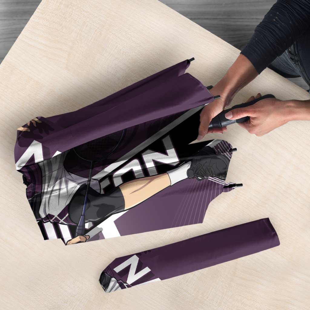 Personalized Shinazugawa Genya Demon Slayer Badminton Umbrella with Racket Action Pose and Purple Black Graphic Design - The Mazicc