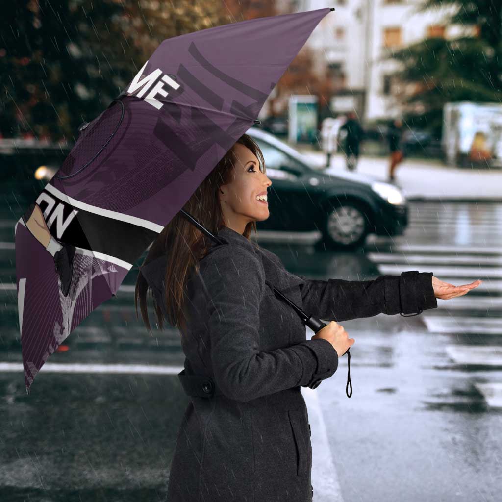 Personalized Shinazugawa Genya Demon Slayer Badminton Umbrella with Racket Action Pose and Purple Black Graphic Design - The Mazicc