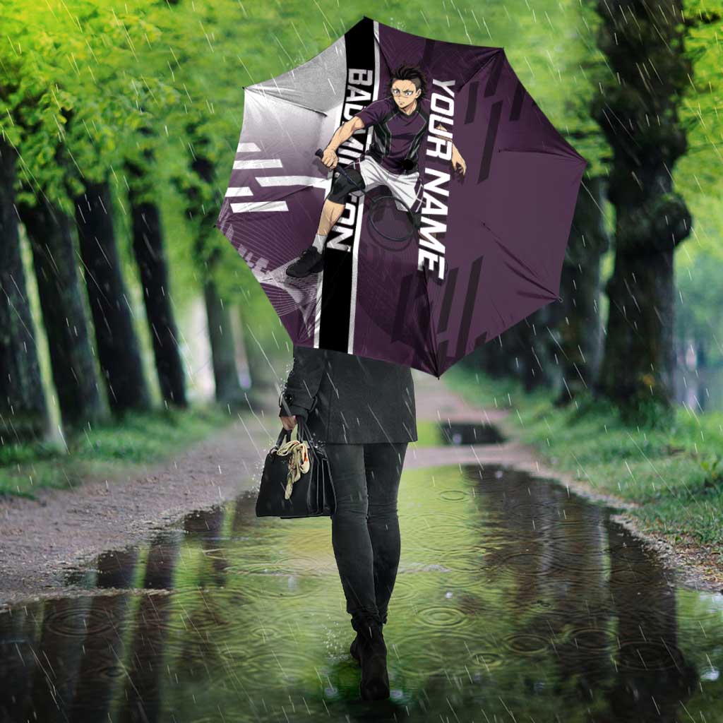 Personalized Shinazugawa Genya Demon Slayer Badminton Umbrella with Racket Action Pose and Purple Black Graphic Design - The Mazicc