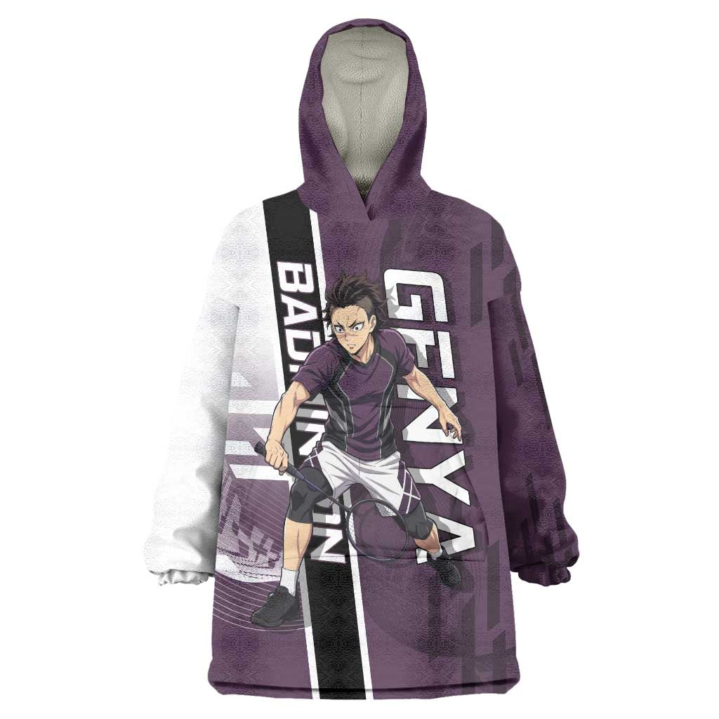 Personalized Shinazugawa Genya Demon Slayer Badminton Wearable Blanket Hoodie with Racket Action Pose and Purple Black Graphic Design - The Mazicc
