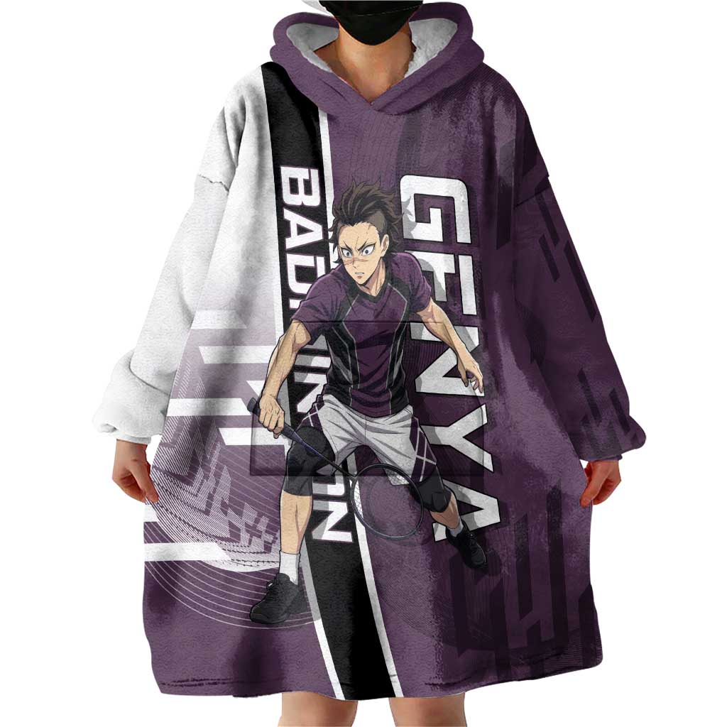 Personalized Shinazugawa Genya Demon Slayer Badminton Wearable Blanket Hoodie with Racket Action Pose and Purple Black Graphic Design - The Mazicc