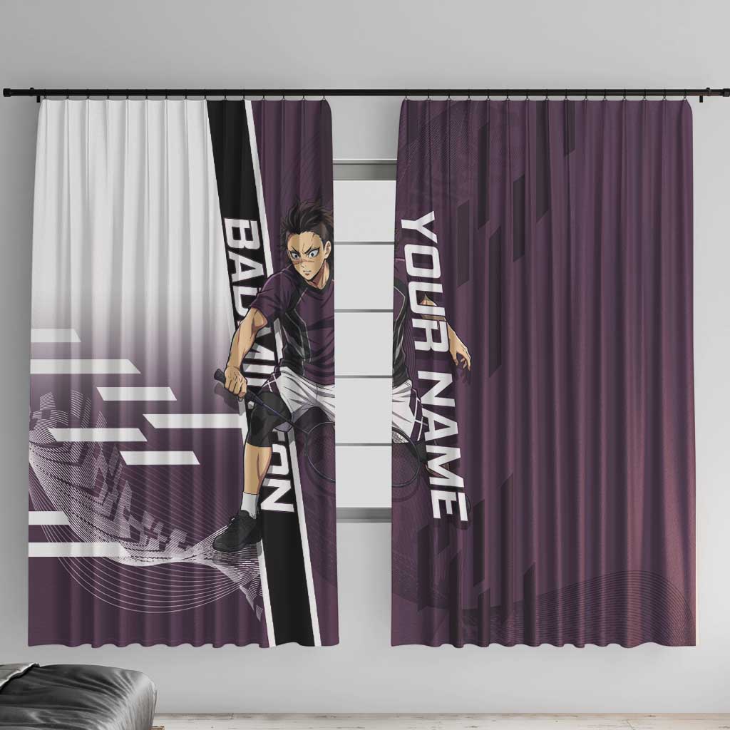 Personalized Shinazugawa Genya Demon Slayer Badminton Window Curtain with Racket Action Pose and Purple Black Graphic Design - The Mazicc