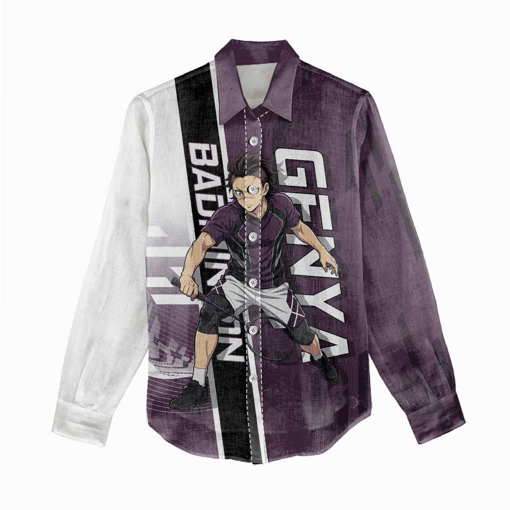 Personalized Shinazugawa Genya Demon Slayer Badminton Women Casual Shirt with Racket Action Pose and Purple Black Graphic Design - The Mazicc