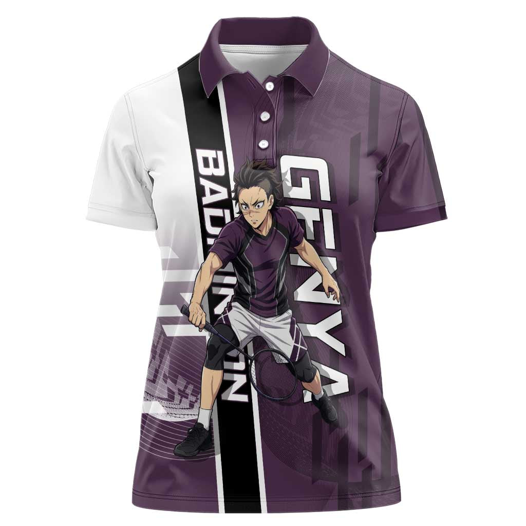 Personalized Shinazugawa Genya Demon Slayer Badminton Women Polo Shirt with Racket Action Pose and Purple Black Graphic Design - The Mazicc