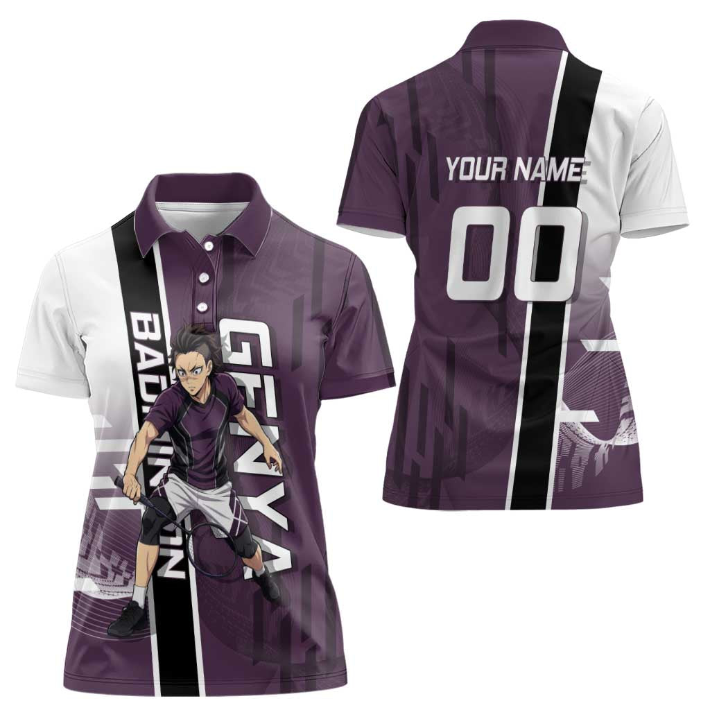 Personalized Shinazugawa Genya Demon Slayer Badminton Women Polo Shirt with Racket Action Pose and Purple Black Graphic Design - The Mazicc