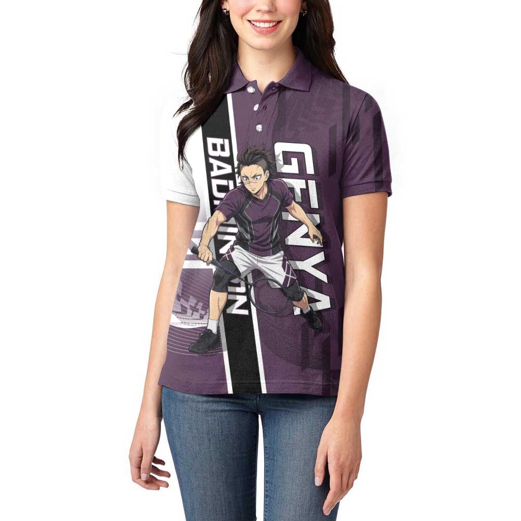 Personalized Shinazugawa Genya Demon Slayer Badminton Women Polo Shirt with Racket Action Pose and Purple Black Graphic Design - The Mazicc