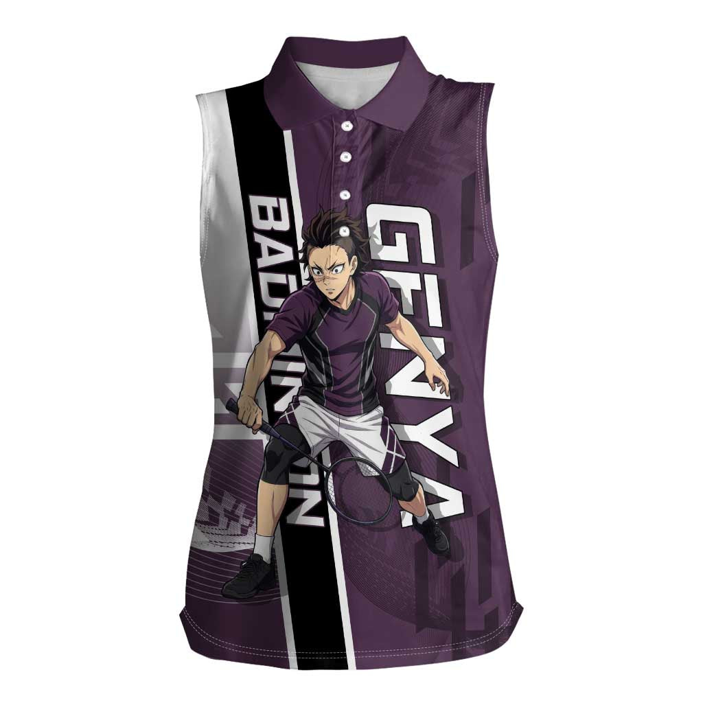 Personalized Shinazugawa Genya Demon Slayer Badminton Women Sleeveless Polo Shirt with Racket Action Pose and Purple Black Graphic Design - The Mazicc