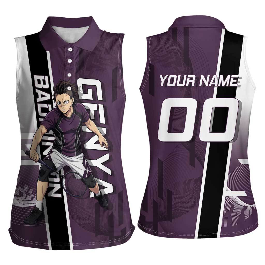 Personalized Shinazugawa Genya Demon Slayer Badminton Women Sleeveless Polo Shirt with Racket Action Pose and Purple Black Graphic Design - The Mazicc