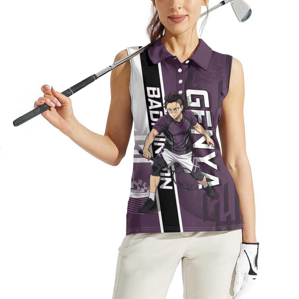 Personalized Shinazugawa Genya Demon Slayer Badminton Women Sleeveless Polo Shirt with Racket Action Pose and Purple Black Graphic Design - The Mazicc
