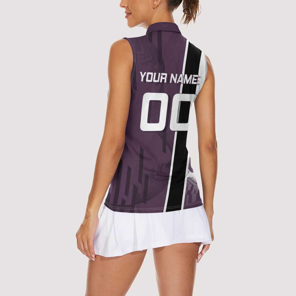 Personalized Shinazugawa Genya Demon Slayer Badminton Women Sleeveless Polo Shirt with Racket Action Pose and Purple Black Graphic Design - The Mazicc