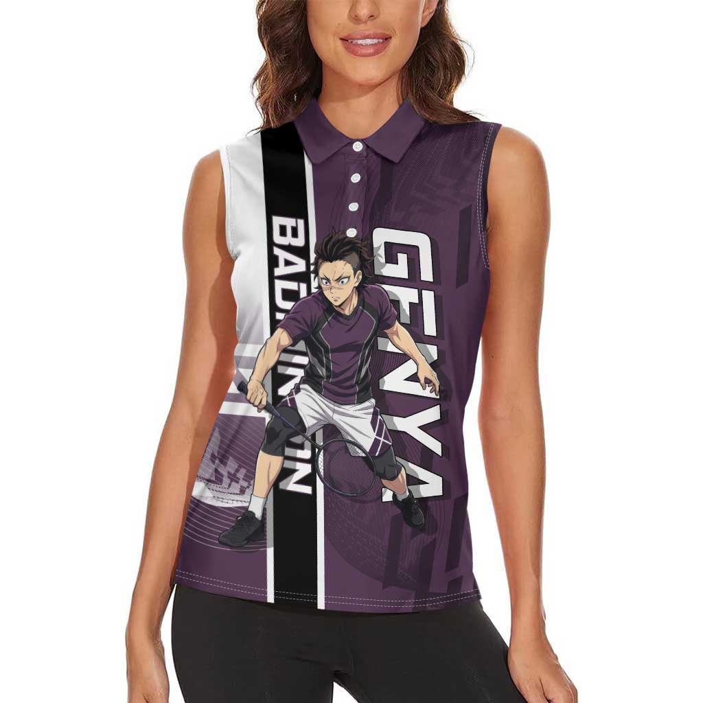 Personalized Shinazugawa Genya Demon Slayer Badminton Women Sleeveless Polo Shirt with Racket Action Pose and Purple Black Graphic Design - The Mazicc