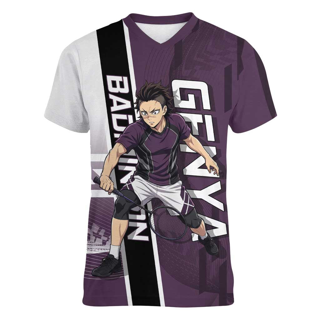 Personalized Shinazugawa Genya Demon Slayer Badminton Women V-Neck T-Shirt with Racket Action Pose and Purple Black Graphic Design - The Mazicc