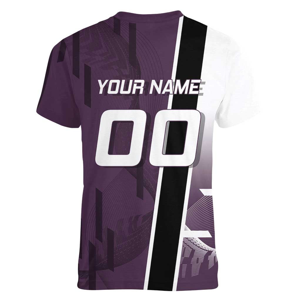 Personalized Shinazugawa Genya Demon Slayer Badminton Women V-Neck T-Shirt with Racket Action Pose and Purple Black Graphic Design - The Mazicc