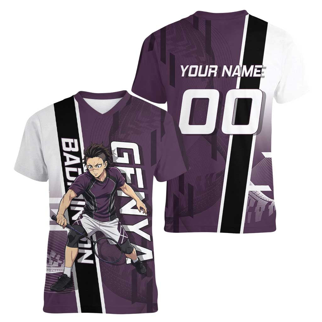 Personalized Shinazugawa Genya Demon Slayer Badminton Women V-Neck T-Shirt with Racket Action Pose and Purple Black Graphic Design - The Mazicc