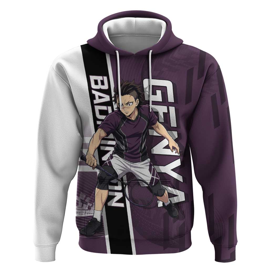 Personalized Shinazugawa Genya Demon Slayer Badminton Zip Hoodie with Racket Action Pose and Purple Black Graphic Design - The Mazicc